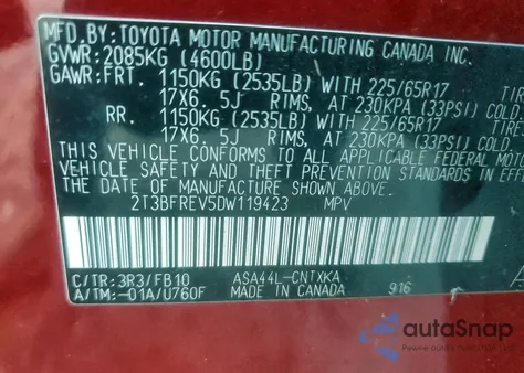 2013 Toyota Rav4 Le from USA, damaged, VIN 2T3BFREV5DW119423
